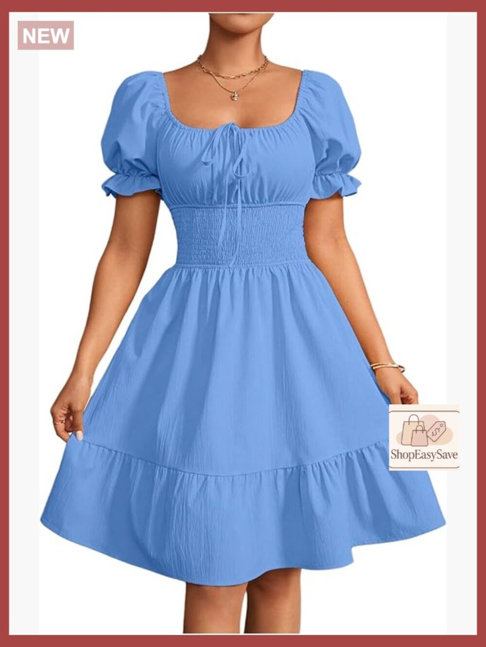 Puff Sleeve Tie Front A-Line Dress Square Neck Ruffle Hem Chic Casual